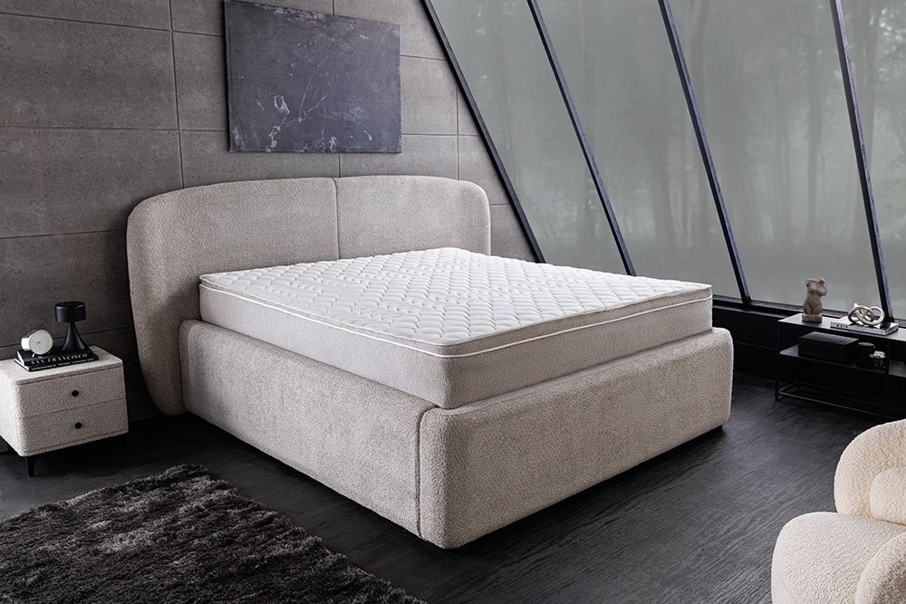 Modernes Boxbett ART DECO 180x200cm greige Bouclé mit Stauraum Matratze und Topper