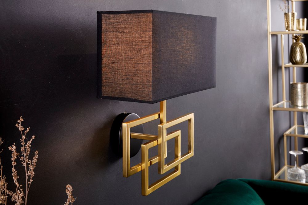 Moderne Wandleuchte ATLANTIS 44cm gold Stoffschirm schwarz Lampe