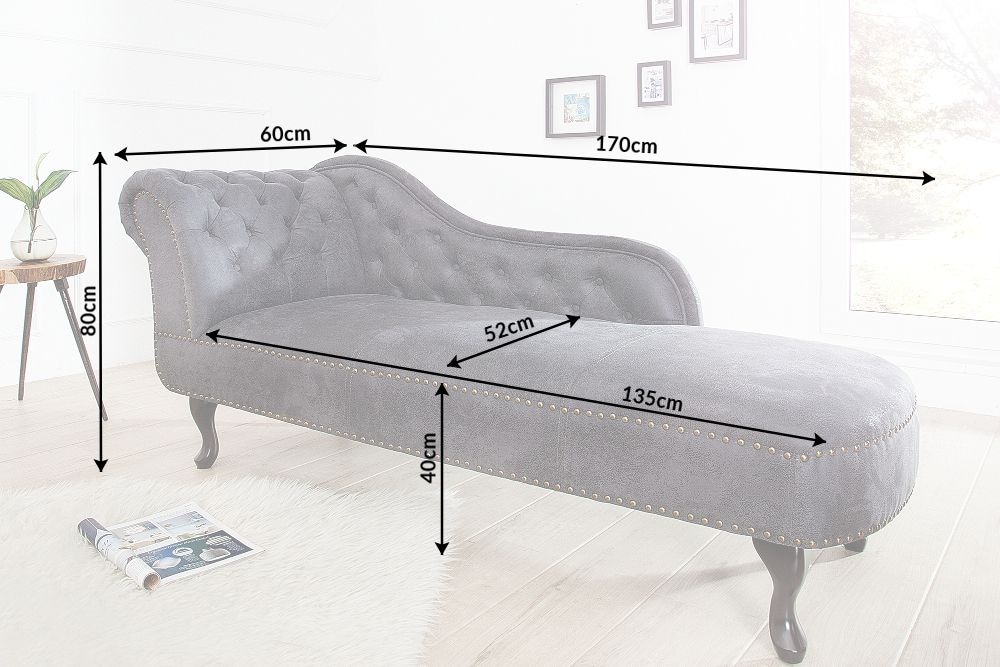 Chesterfield Récamière 170cm antik grau mit Knopfheftung und Nietenbesatz