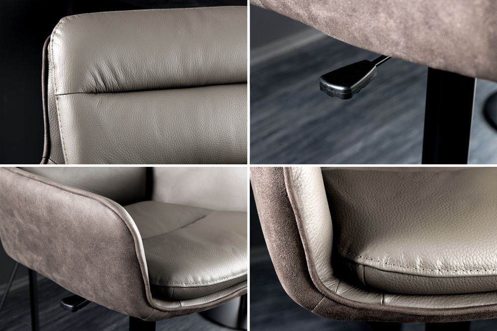 Drehbarer Design Barhocker BIG GEORGE taupe Echtleder Microfaser höhenverstellbar mit Armlehnen