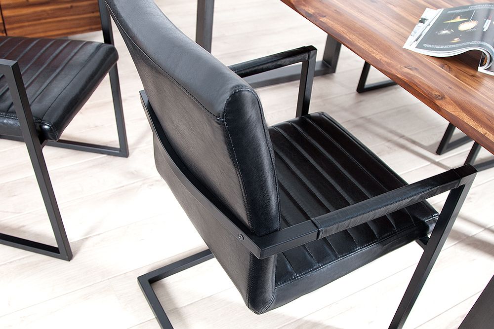 Industrial Freischwinger Stuhl LOFT antik schwarz Kunstleder mit Armlehne Eisengestell