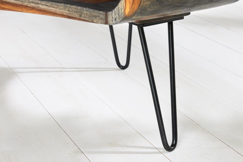 Retro Couchtisch ORGANIC LIVING 70cm grau Sheesham Massivholz mit Stauraum Hairpin Legs