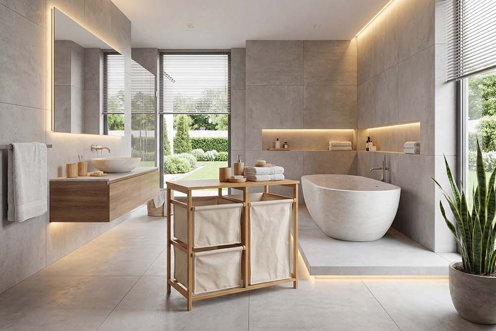 Massivholz Wäschekorb LAGOON SPA 70cm natur beige Bambus drei Wäschebeutel waschbar