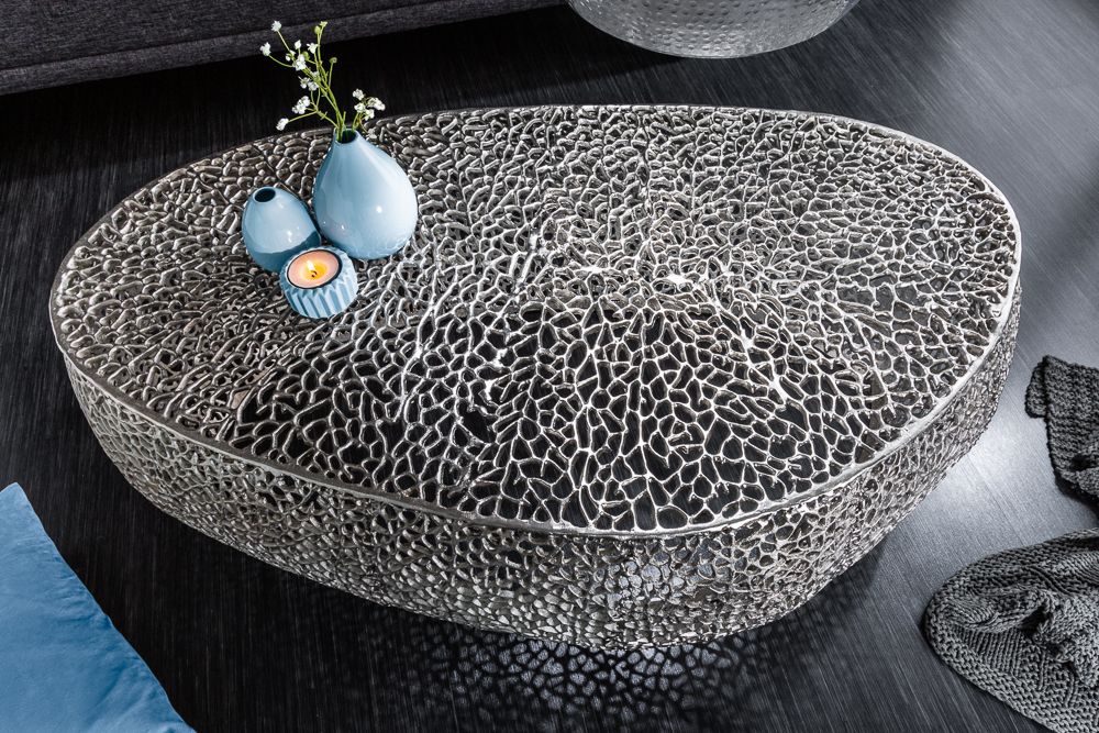 Filigraner Design Couchtisch ABSTRACT LEAF 130cm silber Handarbeit