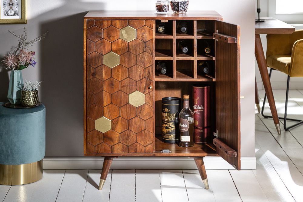 Massiver Barschrank MYSTIC LIVING 75cm Akazie braun gold Retro Design