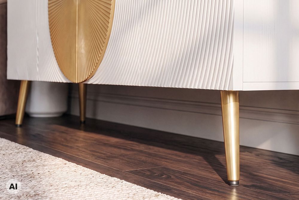 Massives Sideboard AURUM 180cm weiß Mangoholz mit ikonischem Gold-Element