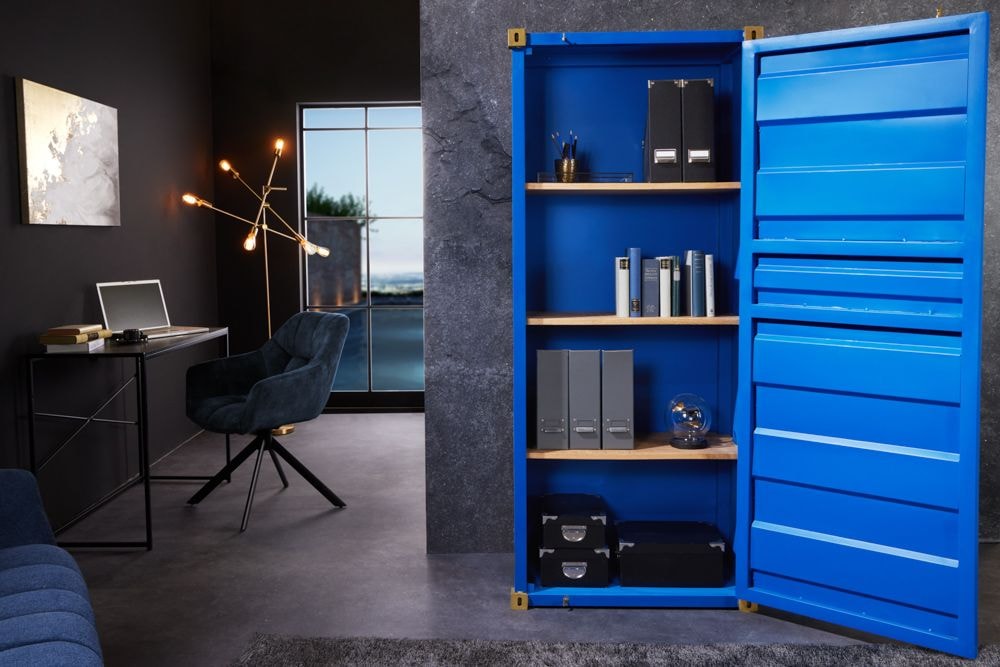 Design Aktenschrank GLOBETROTTER 180cm blau Eisen Container Upcycling Industrial