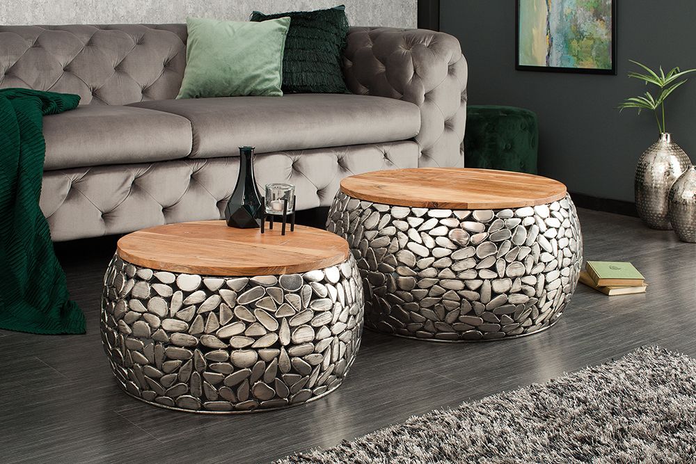 2er Set Runde Couchtische STONE MOSAIC 65cm silber Mangoholz Metall handmade Mosaik Design