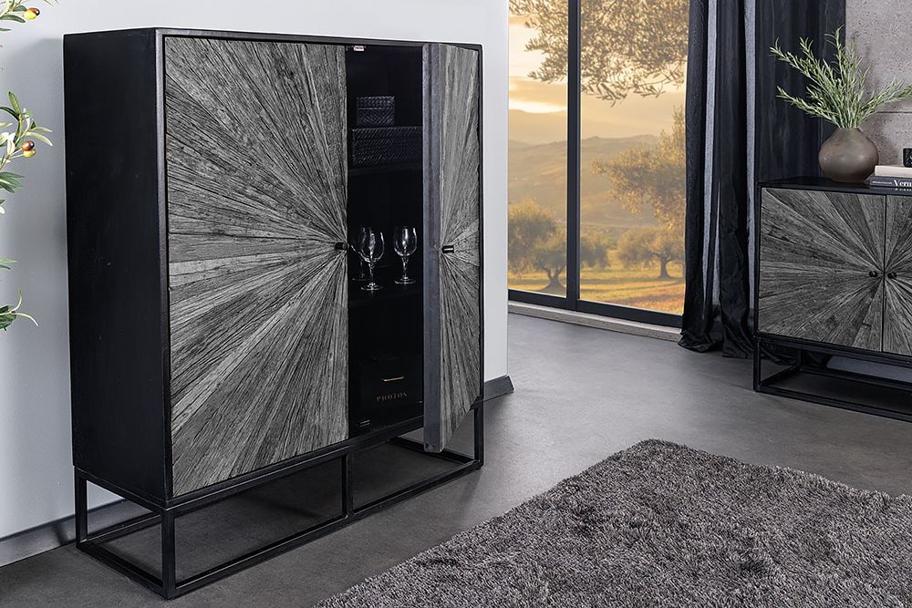Massives Highboard BARRACUDA 120cm grau Mangoholz mit Teakholz-Front schwarz Metall