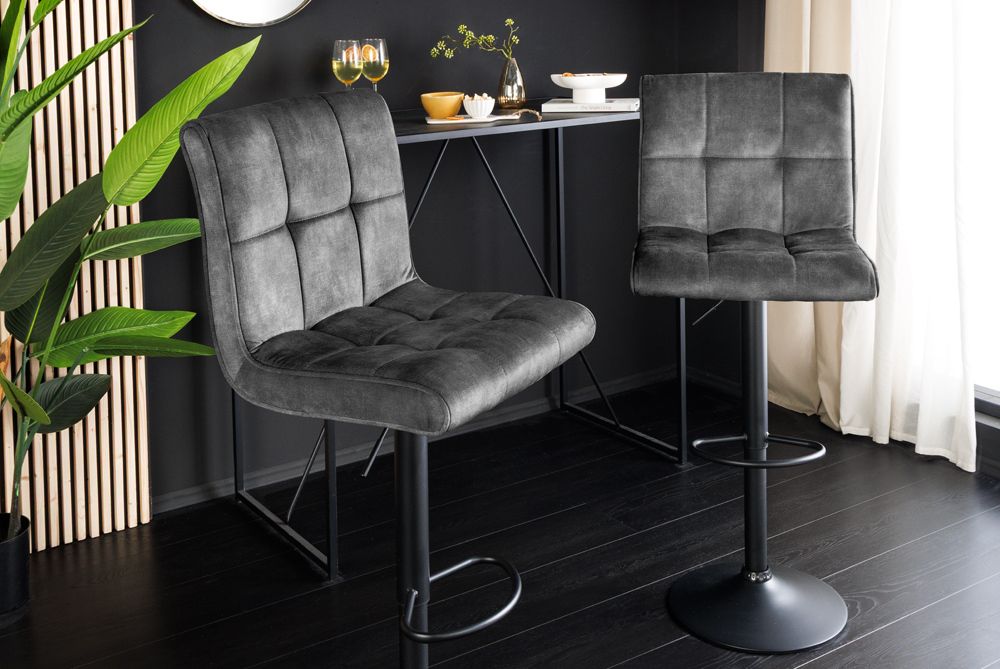 Höhenverstellbarer Barhocker MODENA grau Samt Metall schwarz drehbar
