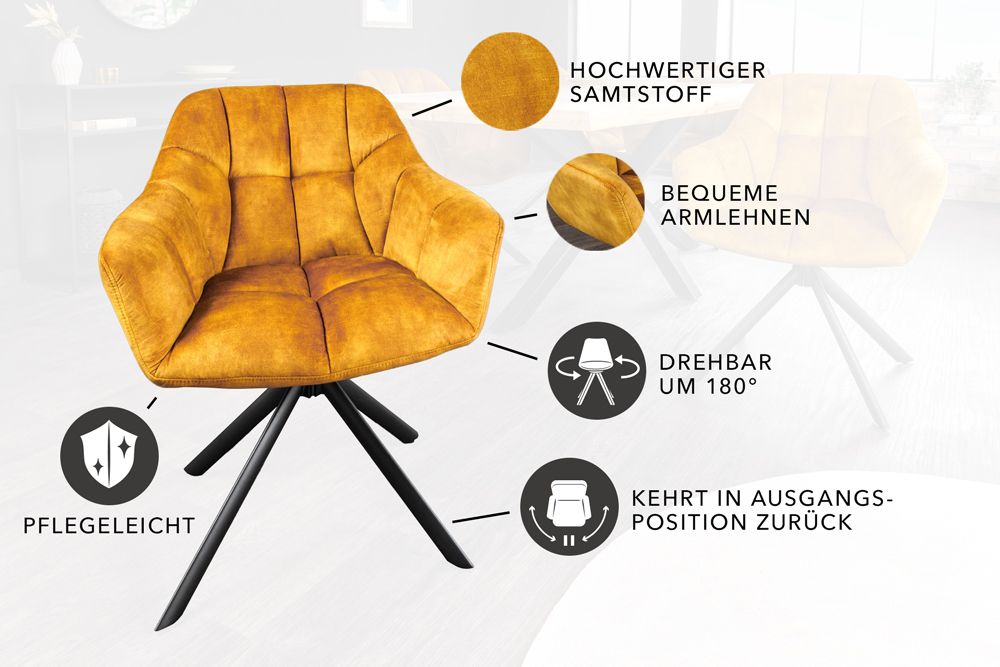 Drehbarer Stuhl PAPILLON senfgelb Samt schwarze Metallbeine Armlehnen