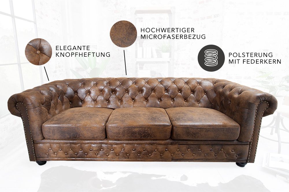 Chesterfield 3-Sitzer Sofa 205cm antik braun Microfaser Federkern Knopfheftung