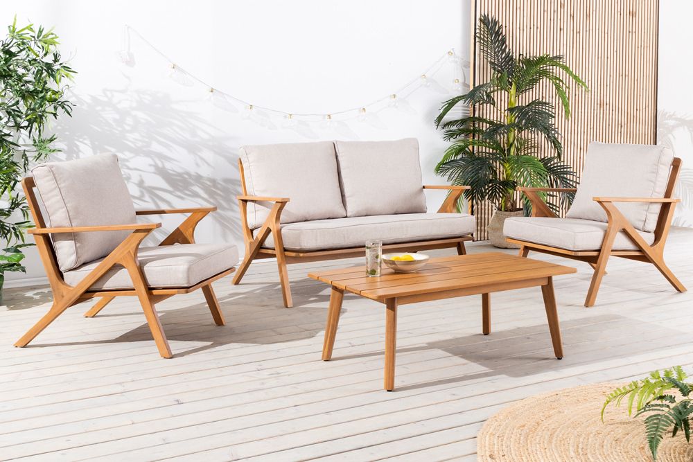 Wetterfestes Gartenlounge-Set COMFORT LINE natur beige Akazie 4-teilig inkl. Tisch