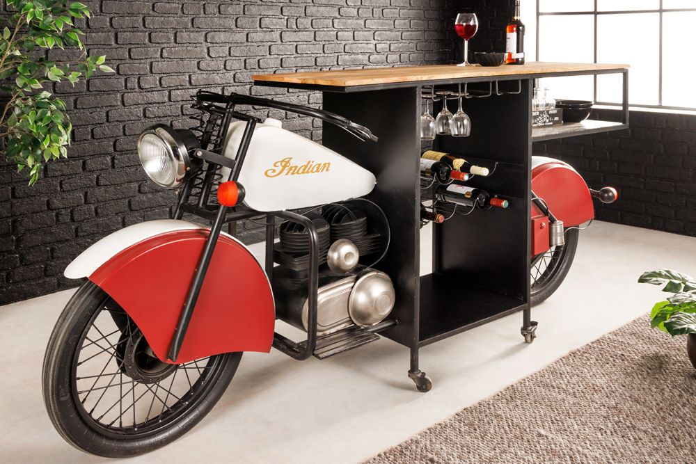 Design Bartisch EASY RIDER 230cm weiß rot schwarz Mangoholz Motorrad Upcycling