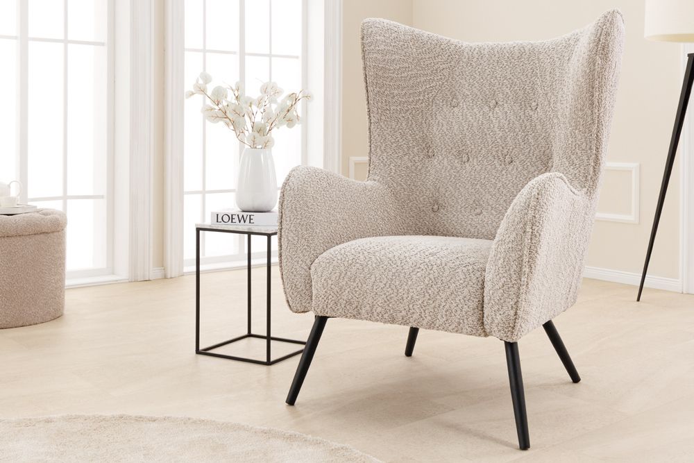 Design XL Sessel AMSTERDAM greige Bouclé schwarze Metallbeine Retro Stil » Jetzt kaufen