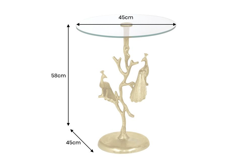 Runder Beistelltisch WILDLIFE PEACOCK 60cm gold Glasplatte Metall Pfauen-Skulptur