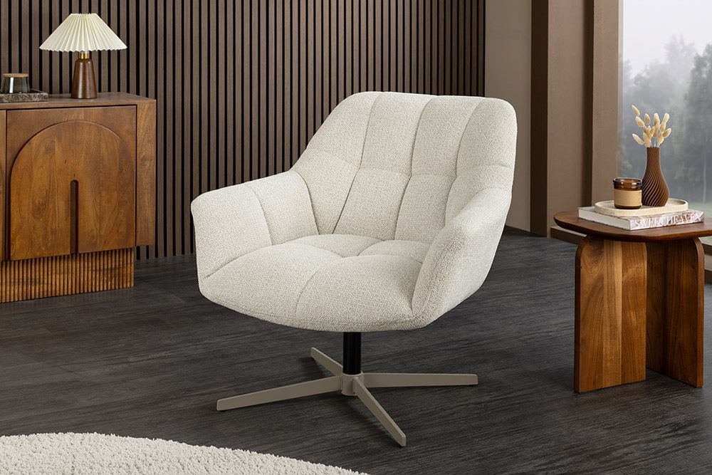 Drehbarer Design Sessel PAPILLON beige Bouclé Tweed soft 360° Metall höhenverstellbar