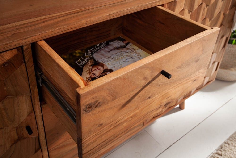 Massivholz Sideboard MYSTIC LIVING 145cm Akazie natur Kommode mit Schubladen 3D-Design