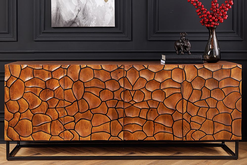 Massivholz Sideboard VULCANO 180cm braun Mangoholz mit 3D Schnitzereien handmade Metallgestell schwarz