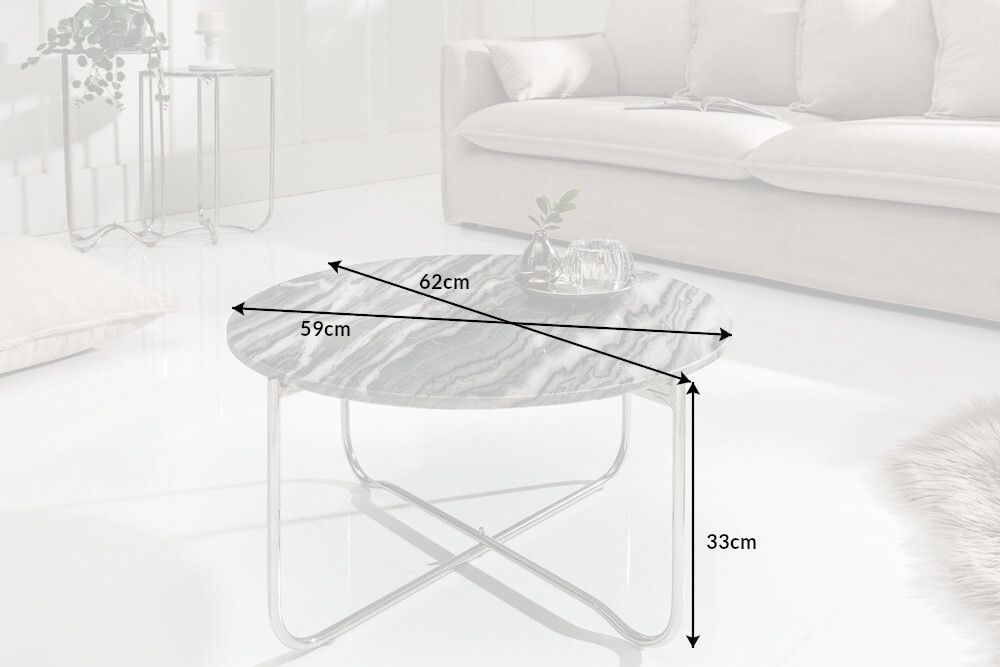 Runder Couchtisch NOBLE 65cm grau Marmor abnehmbare Tischplatte klappbar silber Metall