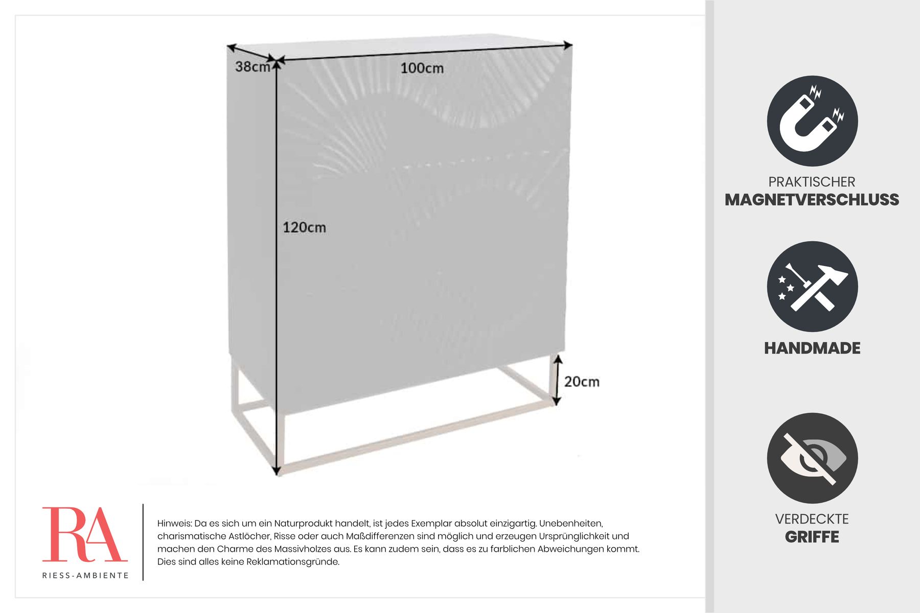 Massives Highboard SCORPION 120cm schwarz Mangoholz aufwendige 3D Schnitzereien