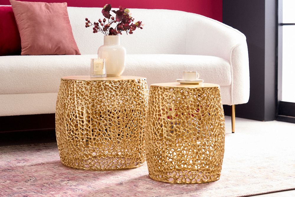 2er Set Filigraner Design Couchtisch ABSTRACT LEAF gold Handarbeit Metall rund