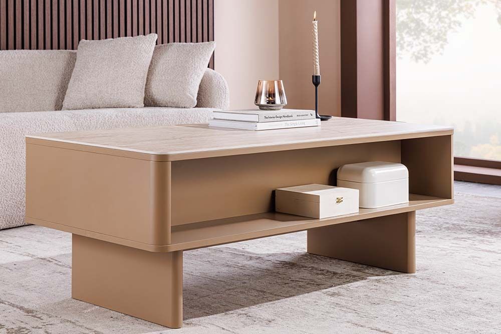 Design Couchtisch SAVOY 120cm grau beige greige Keramik Travertin mit Schublade