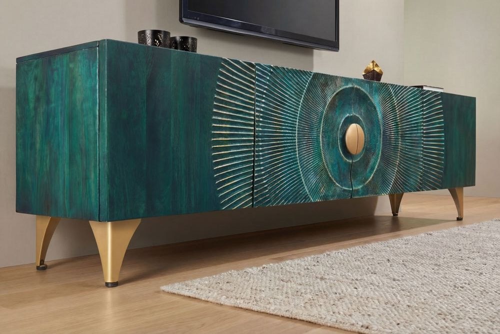 Massives TV-Lowboard GOLDEN SUNSET 180cm türkis 3D-Schnitzereien gold Mangoholz Metall