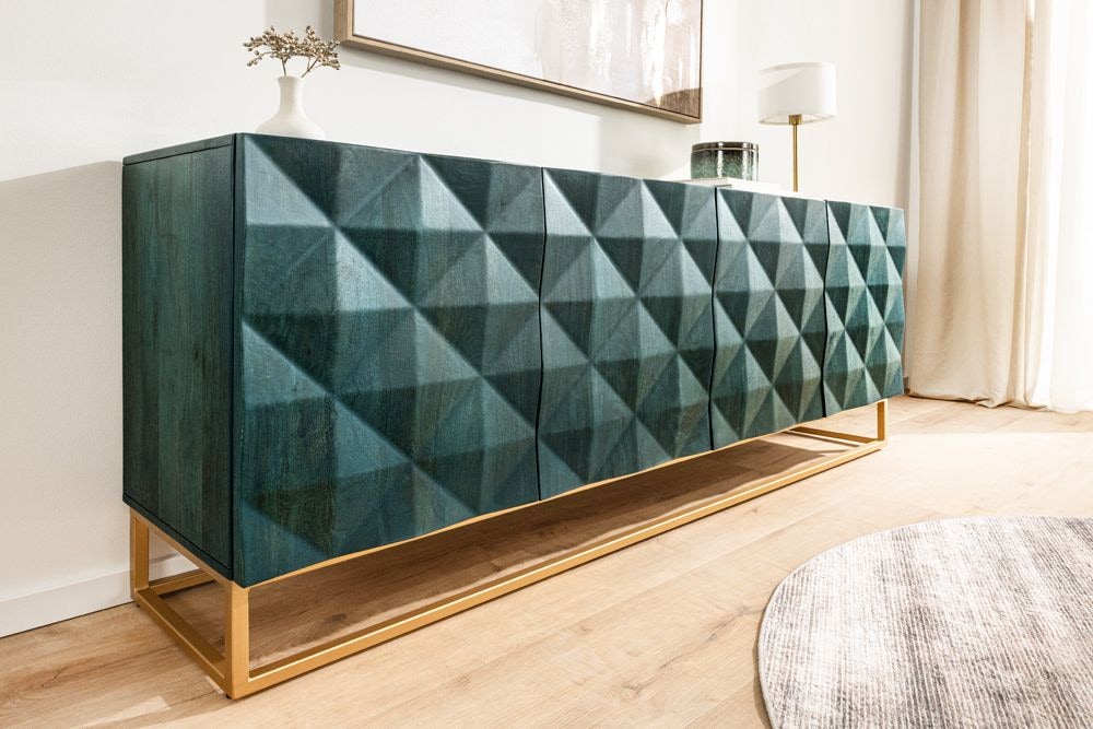 Massives Sideboard VULCANO 180cm türkis Mangoholz gold Metallgestell
