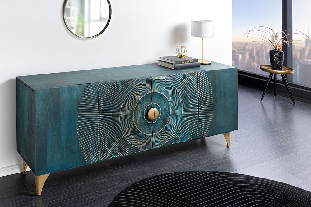 Handgearbeitetes Sideboard GOLDEN SUNSET 180cm türkis gold Mangoholz Metallbeine