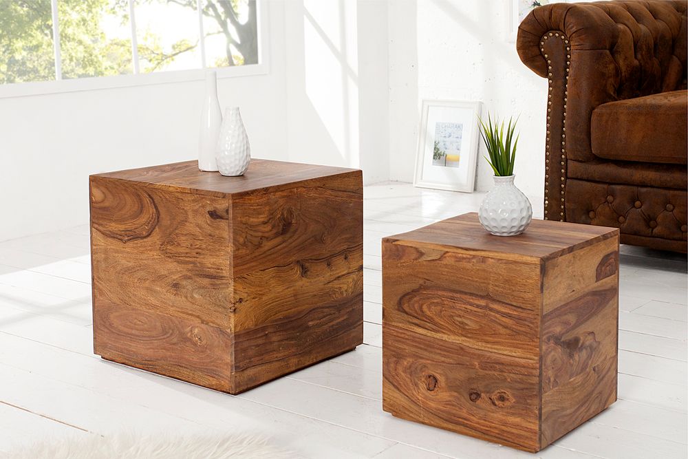 2er Set Beistelltische Würfel MAKASSAR 40cm braun Sheesham Massivholz stone finish