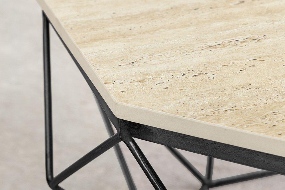 Handgefertigter Couchtisch DIAMOND 70cm beige Travertin schwarz Eisen