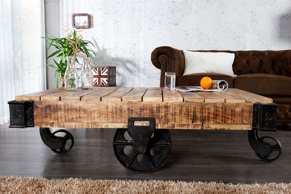 Massiver Design Couchtisch RAILWAY 110cm Mangoholz mit 4 Rädern