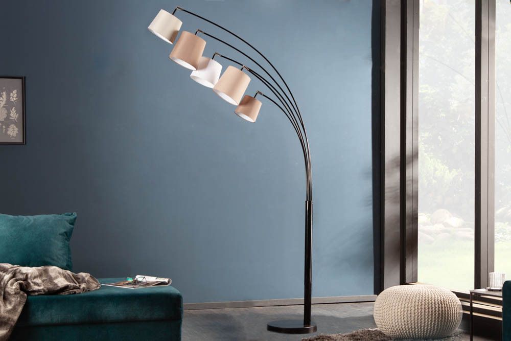 Design Bogenlampe LEVELS 205cm weiß beige braun 5 Leinenschirme Stehlampe