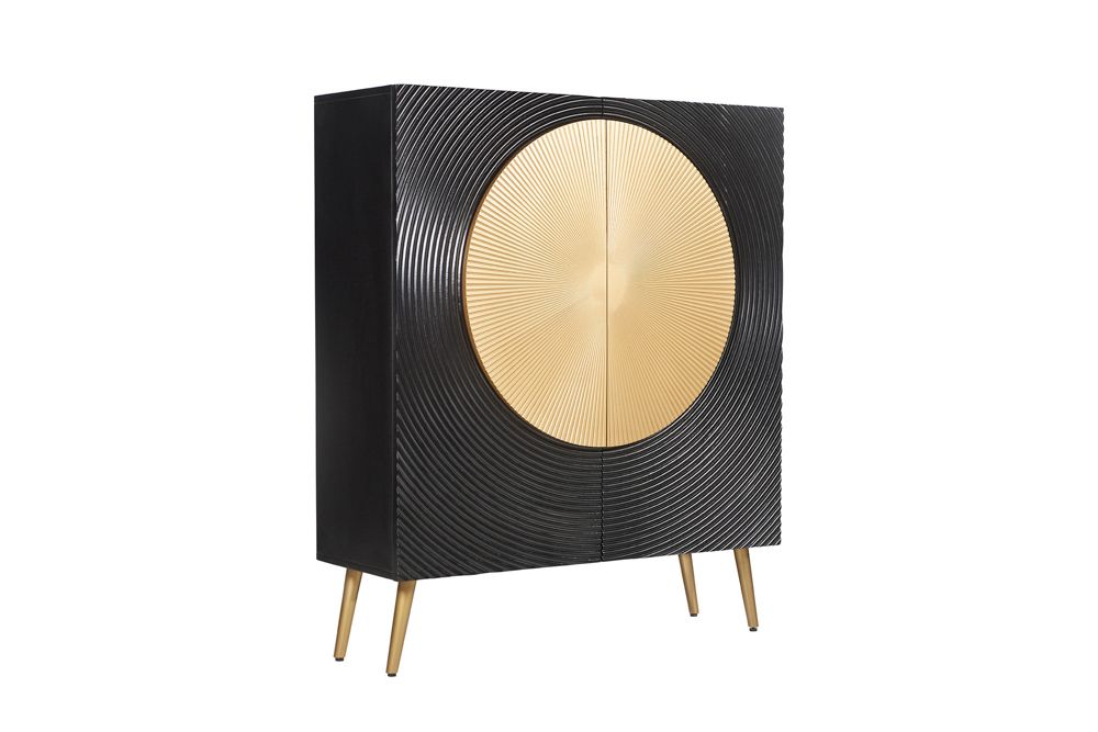 Massives Highboard AURUM 120cm schwarz Mangoholz mit ikonischem Gold-Element
