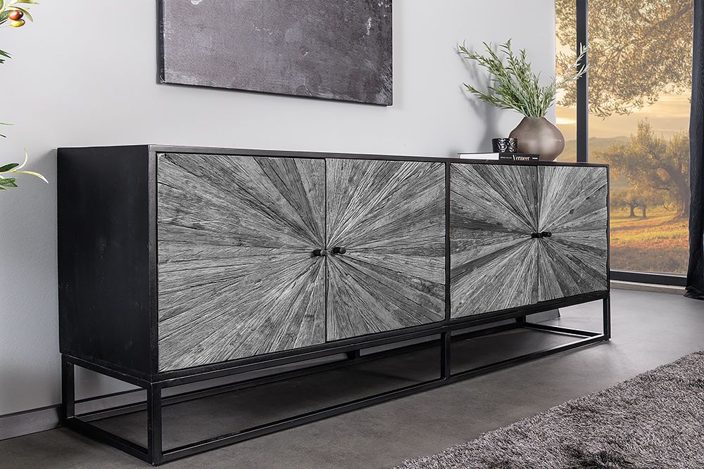 Massives Sideboard BARRACUDA 180cm grau Mangoholz mit Teakholz-Front schwarz Metall