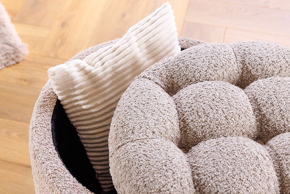 Runder Hocker MODERN BAROCK 50cm champagner Bouclé mit Stauraum