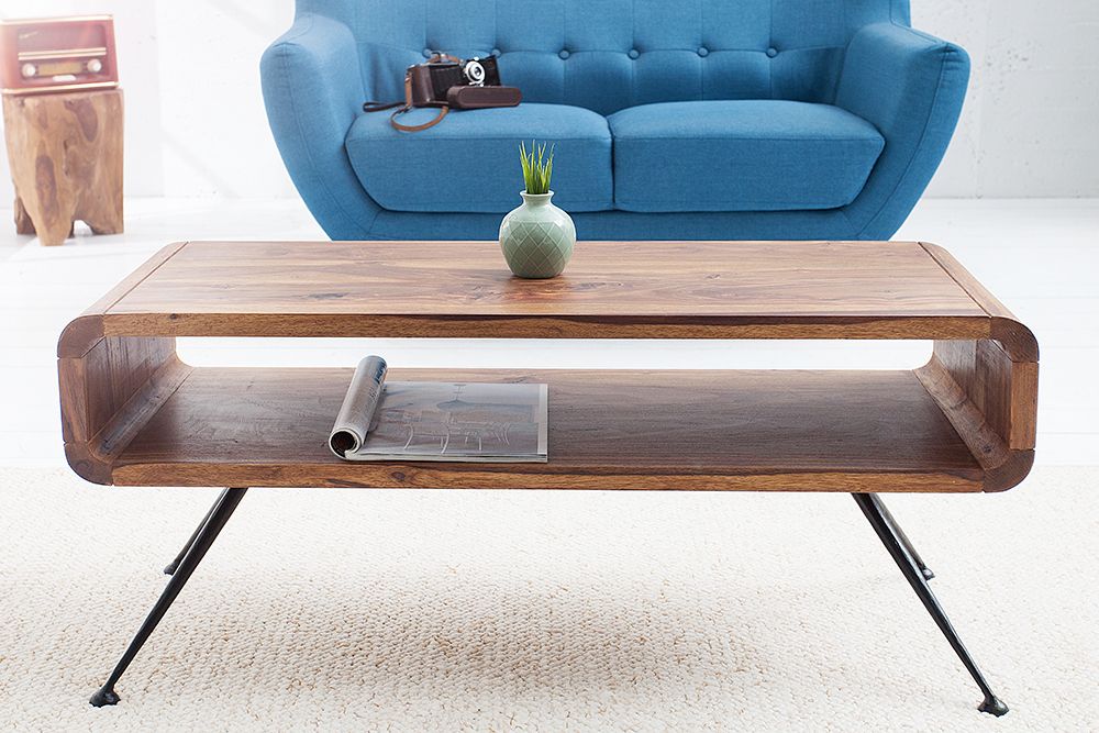 Retro Couchtisch ALPHA 100cm braun Sheesham Massivholz stone finish schwarze Metallbeine