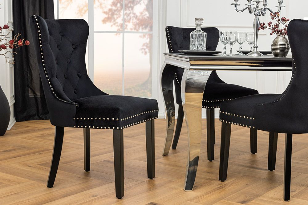 Chesterfield Stuhl CASTLE schwarz Samt Massivholz Ziernieten mit Komfortgriff