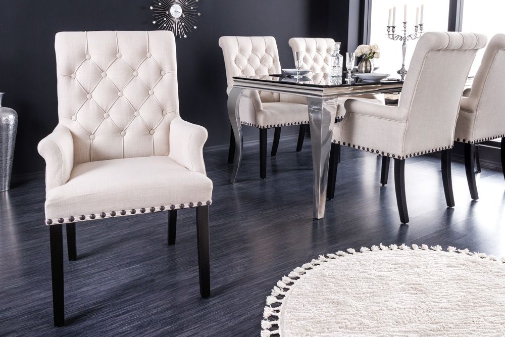 Design Stuhl CASTLE beige schwarz Strukturstoff Armlehnen Holzfüße