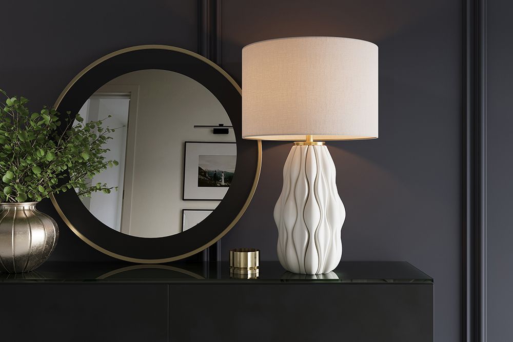 Moderne Tischlampe ELEGANCIA 65cm weiß gold Keramik weißer Leinenschirm