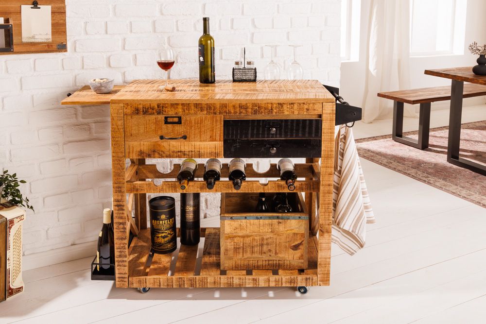 Industrial Barschrank BODEGA 86cm Mangoholz Servierwagen mit Weinregal und Aufhängung