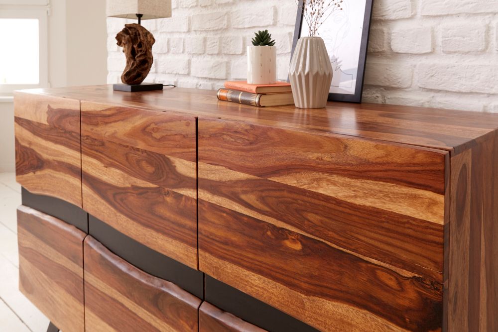 Massivholz Sideboard AMAZONAS 150cm braun Sheesham Baumkante schwarzes Metallgestell
