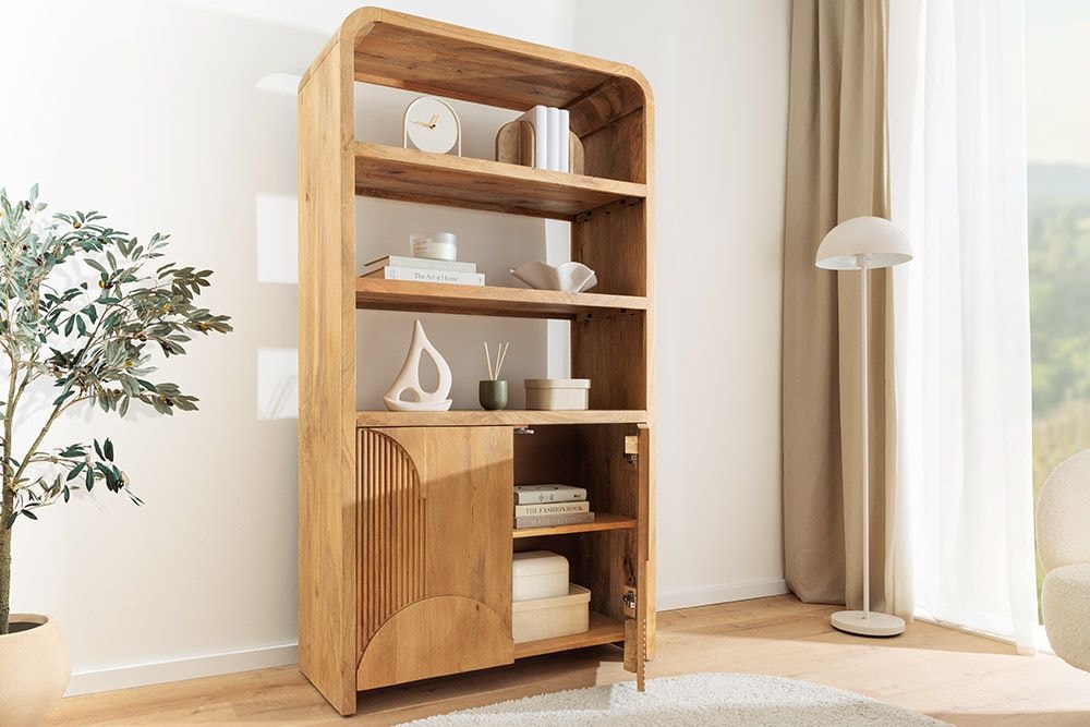 Massives Regal ART DECO 175cm cream finish beige Mangoholz abgerundet mit 3D-Front