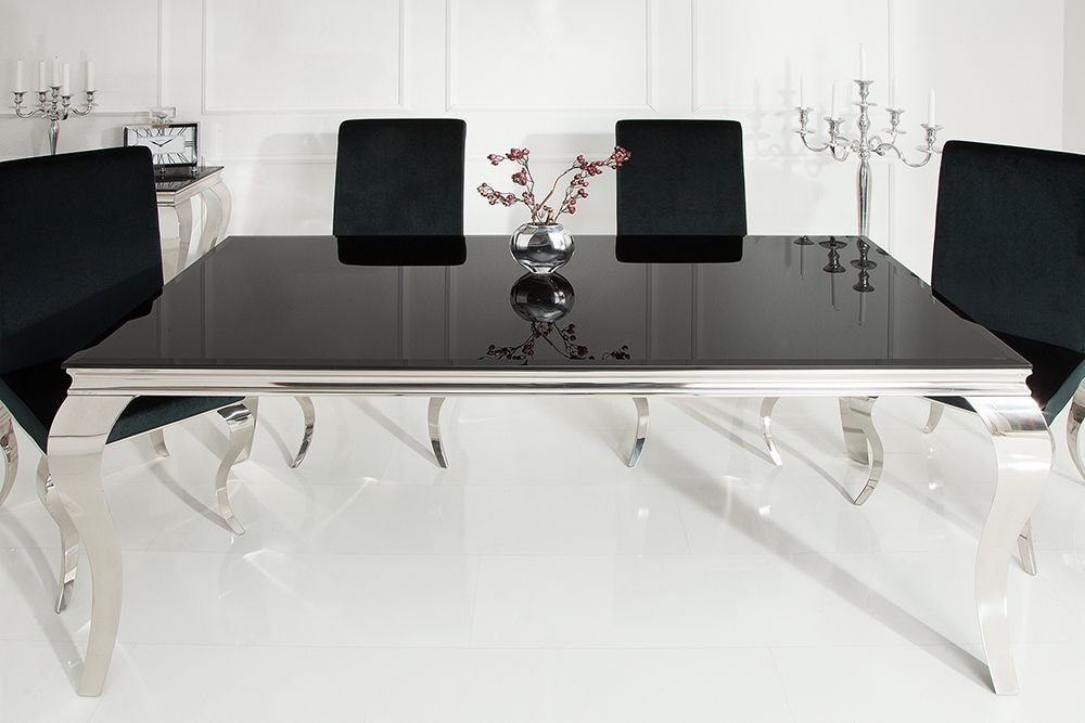 Eleganter Design Esstisch MODERN BAROCK 200cm schwarz Opalglas Tischplatte Edelstahl