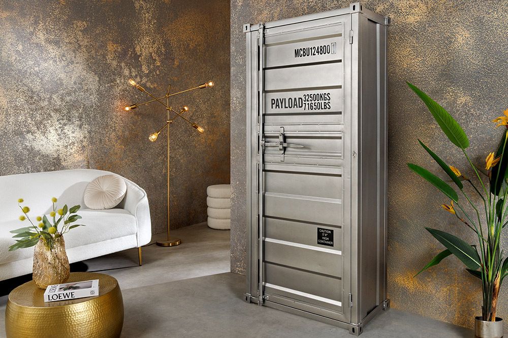 Design Aktenschrank GLOBETROTTER 180cm grau Eisen Container Upcycling Highboard
