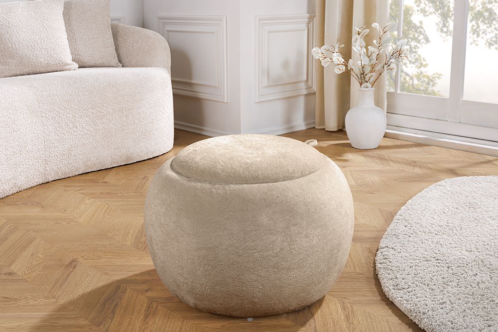 Runder Couchtisch ORBIT 50cm champagner-greige Bouclé Hocker mit Tablett und Stauraum