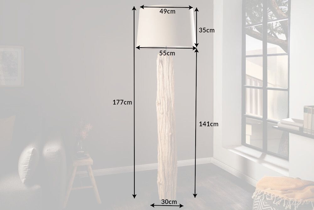Handmade Stehlampe ROUSILIQUE 180cm beige Treibholzlampe Leinenschirm Baumstamm