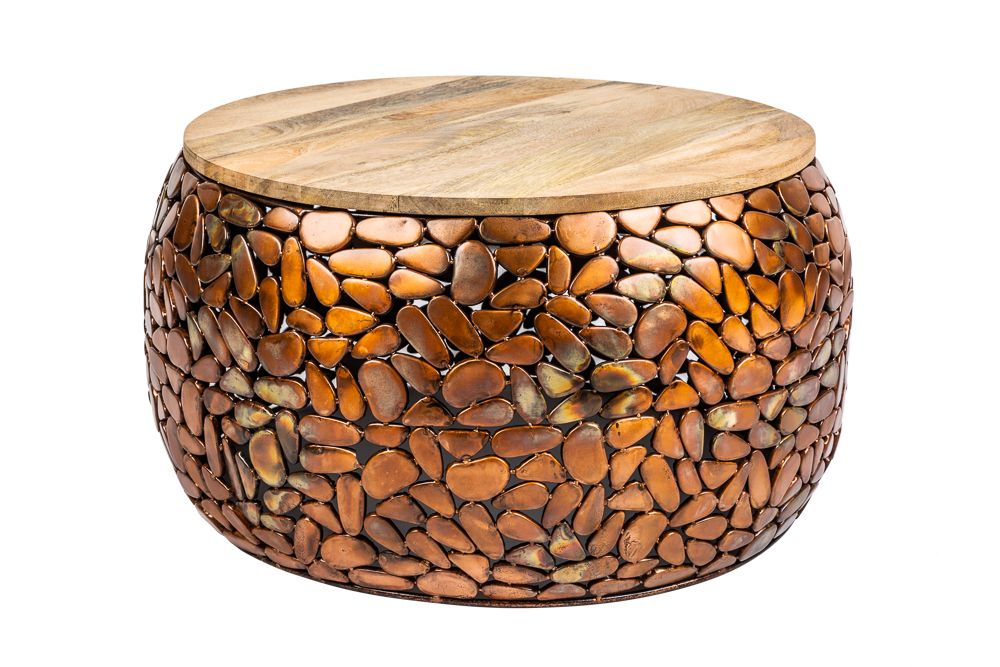 2er Set Runde Couchtische STONE MOSAIC 65cm kupfer Mangoholz Metall Mosaik Design handmade