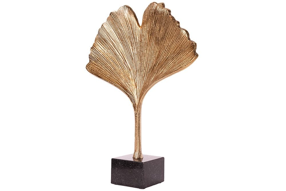 Dekorative Skulptur GINKGO LEAF 44cm gold handmade Metall mit Marmorsockel